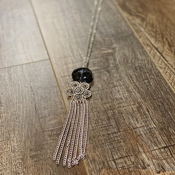 Long Dangle Flower Design Chain Tassel Necklace Silver Jewelry Black Jewel - Picture 5 of 5